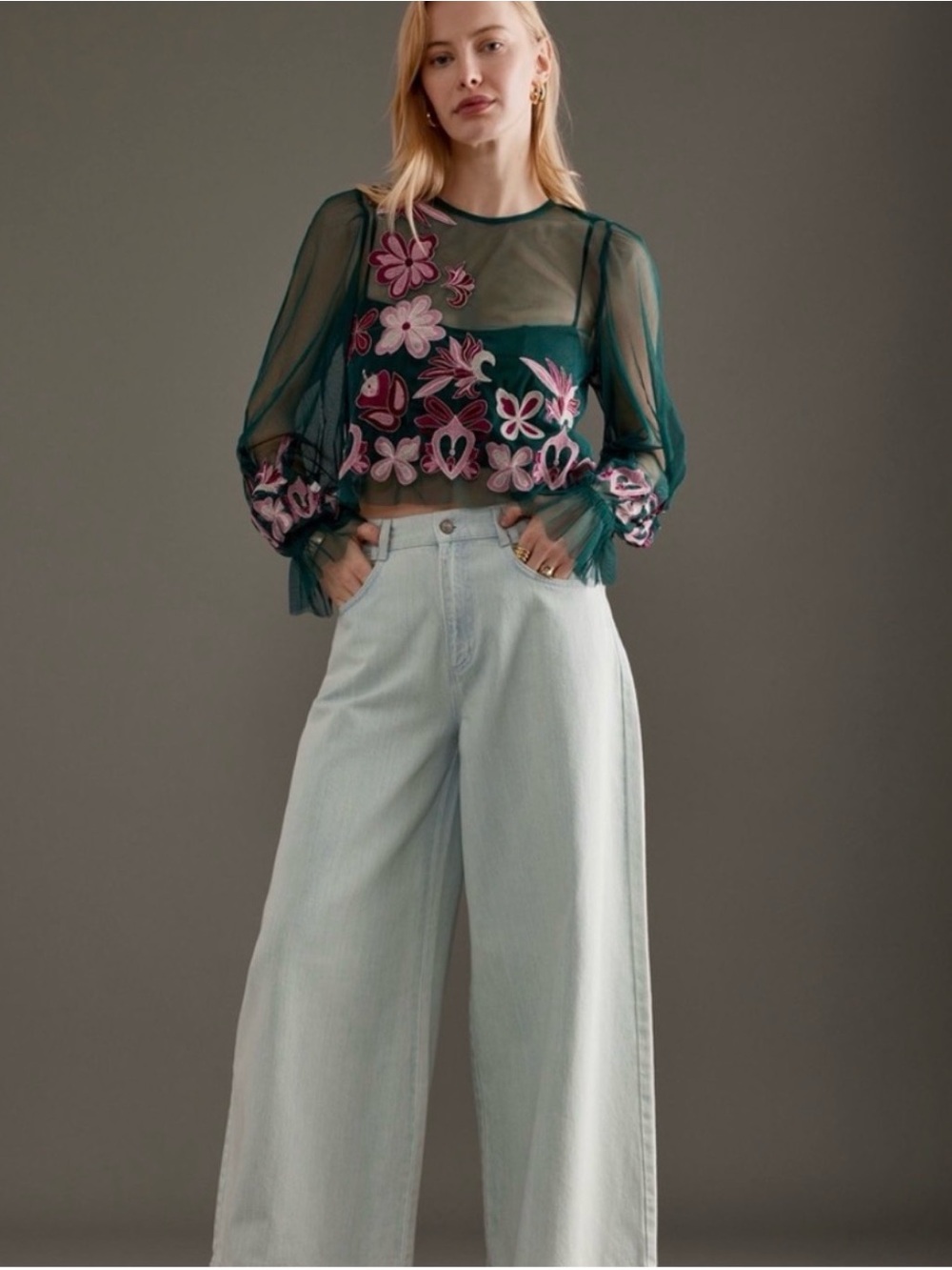 By Anthropologie Teal Embroidered Mesh Top Pink Flowers Metallic Thread XL - Picture 4 of 8